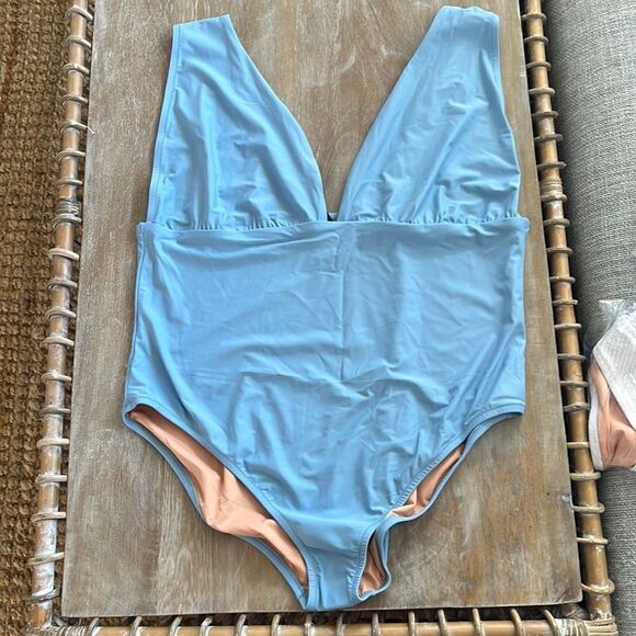 J Crew Swimsuit Size 24 V Neck One Piece Blue - Picture 2 of 7
